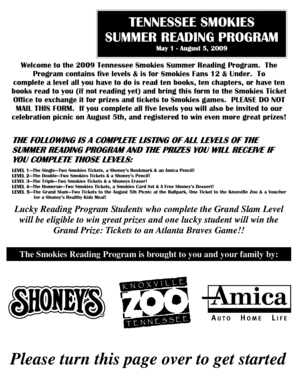 Tennessee Smokies Summer Reading Program Form