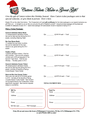 Cutters Tickets Gift Order Form