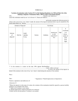 Bank Deposit Nomination Variation Form
