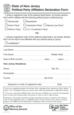 New Jersey Political Party Affiliation Declaration Form