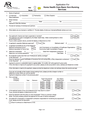 Application For Home Health Care Basic Non-Nursing Services