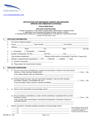 Insurance Agents and Brokers Errors and Omissions Coverage Application