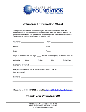 Volunteer Information Sheet Thank You Volunteers!!! - The Let It Be ...