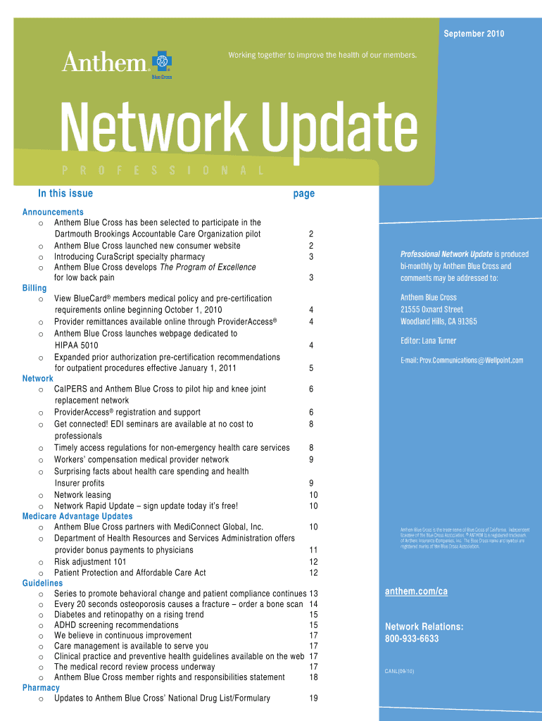 o Anthem Blue Cross has been selected to participate in the Preview on Page 1