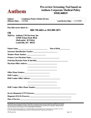 Anthem Continuous Passive Motion Device Pre-Review Screening Tool