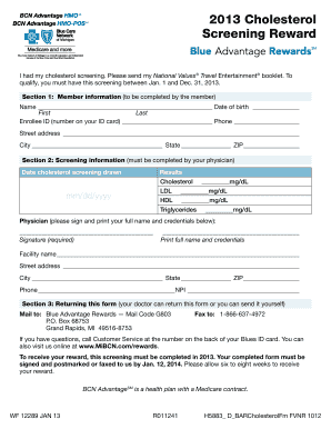 2013 Cholesterol Screening Reward Form