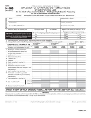 Hawaii N-109 Application for Tentative Refund