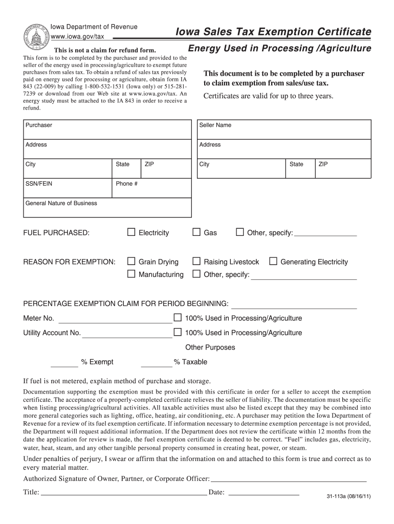 gov/tax Iowa Sales Tax Exemption Certificate Energy Used in Processing /Agriculture This is not a claim for refund form Preview on Page 1