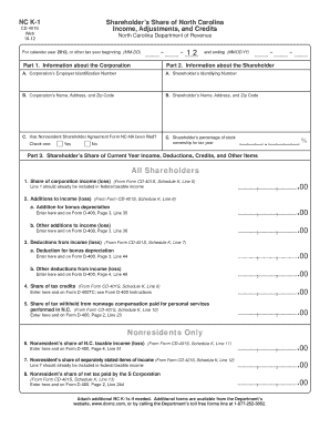 North Carolina K-1 Shareholder’s Share Form