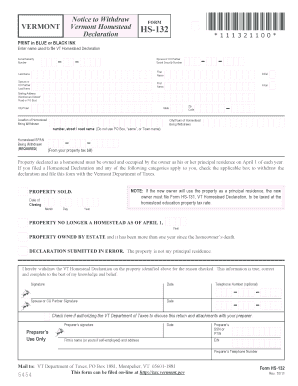 Vermont Homestead Declaration Withdrawal Form HS-132