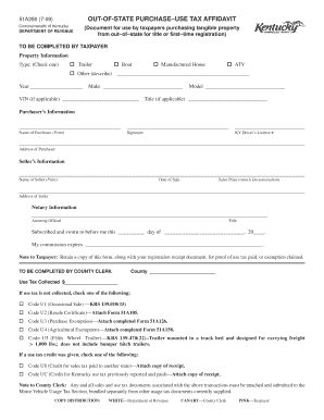 OUT-OF-STATE PURCHASE USE TAX AFFIDAVIT 51A280 (7-09) Commonwealth of Kentucky DEPARTMENT OF REVENUE (Document for use by taxpayers purchasing tangible property from out of state for title or