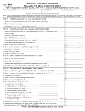 New Jersey Corporation Business Tax Form 306