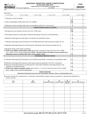 Nebraska Incentives Credit Computation Form 3800N
