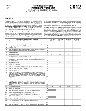 North Carolina D-422A Annualized Income Installment Worksheet