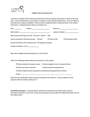 Incident report sample - Instructions Complete this form following incidents that involve any physical intervention or referral to the quiet space