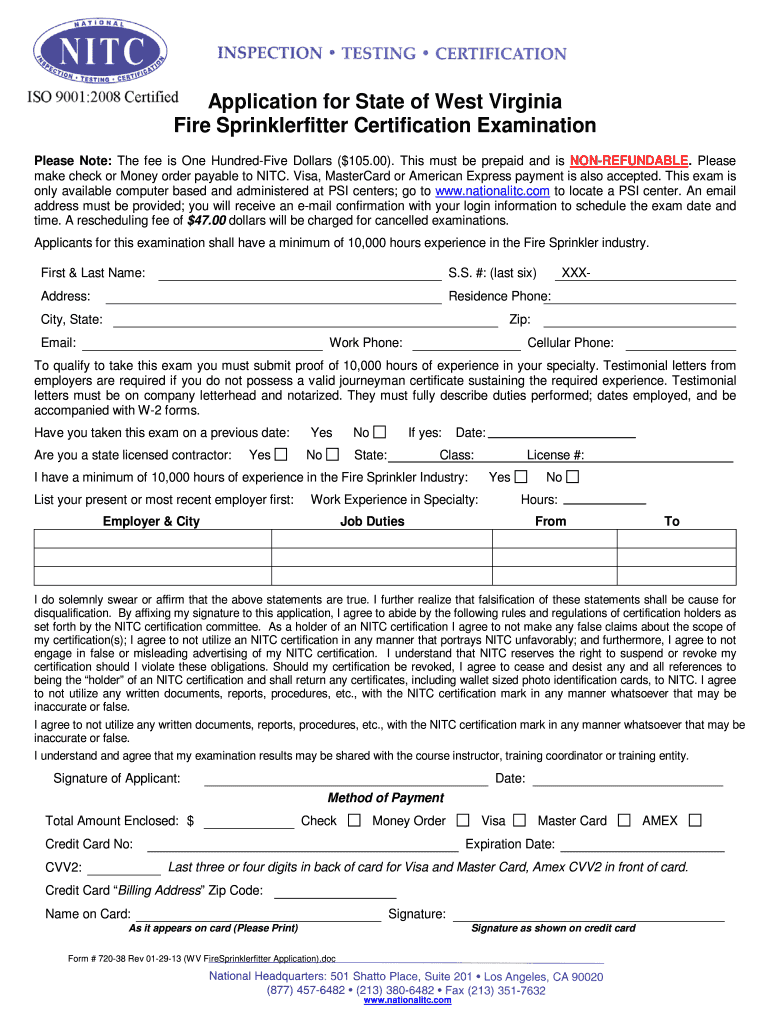 Fire Sprinklerfitter Certification Examination Application Preview on Page 1