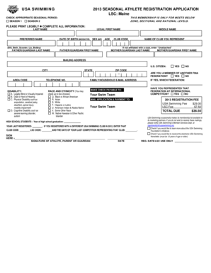 USA Swimming 2013 Seasonal Athlete Registration Application