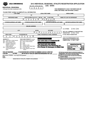 USA Swimming 2012 Individual Seasonal Athlete Registration Application