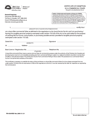 Certificate of Exemption for Commercial Fisher