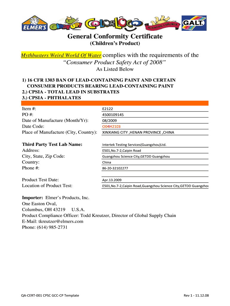 General Conformity Certificate Preview on Page 1