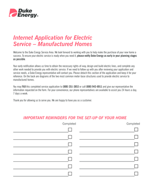 Duke Energy Electric Service Application for Manufactured Homes