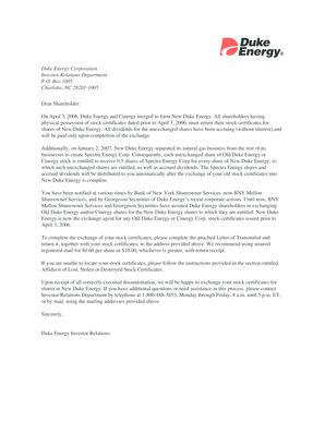 Duke Energy Stock Certificate Exchange Letter