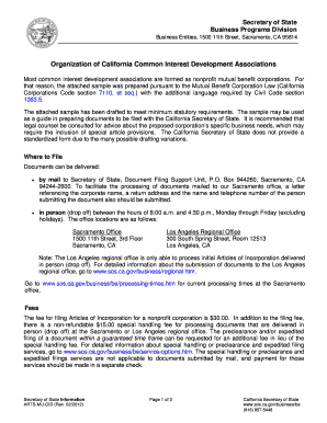 California Articles of Incorporation for Common Interest Development Associations