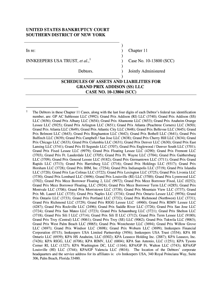 SCHEDULES OF ASSETS AND LIABILITIES FOR GRAND PRIX ADDISON (SS) LLC Preview on Page 1