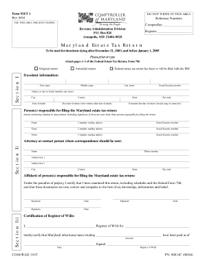 Maryland Estate Tax Return Form MET 1