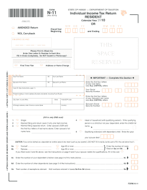 Hawaii Individual Income Tax Return Form N-11