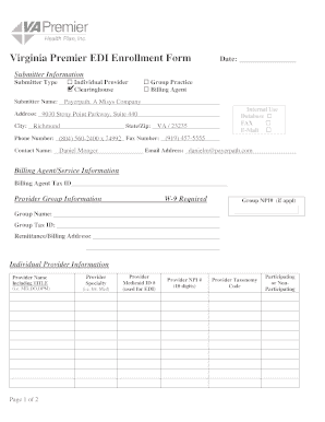 Virginia Premier Payer Enrollment Form VPN01