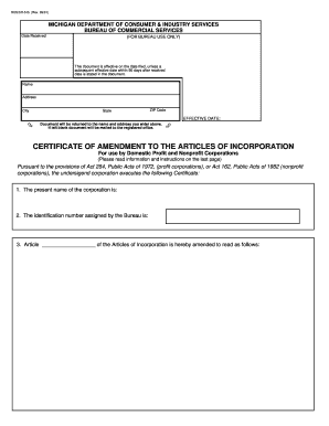 Michigan Certificate of Amendment to Articles of Incorporation