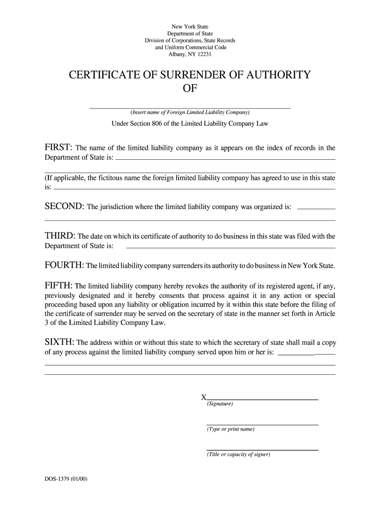 Certificate of Surrender of Authority Preview on Page 1