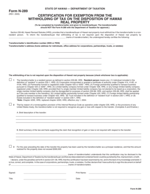 Hawaii Form N-289 Certification for Exemption from Tax Withholding