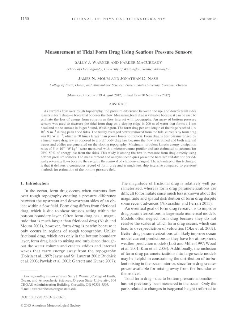 Measurement of Tidal Form Drag Using Seafloor Pressure Sensors Preview on Page 1
