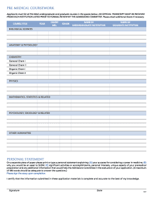 Pre-Med Coursework Application Form