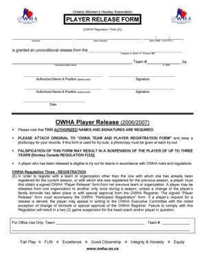 Ontario Player Release Form
