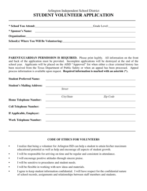 Arlington ISD Student Volunteer Application