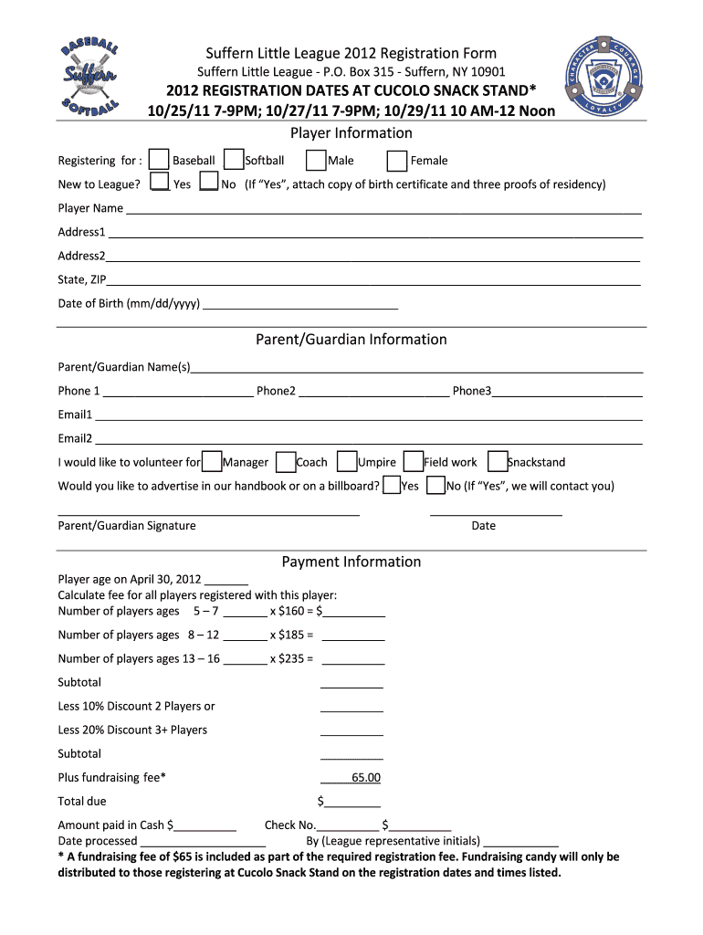 Suffern Little League 2012 Registration Form Preview on Page 1