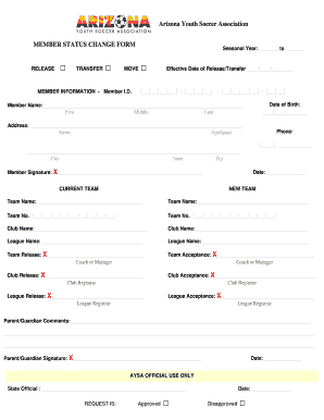 Arizona Youth Soccer Association Member Status Change Form