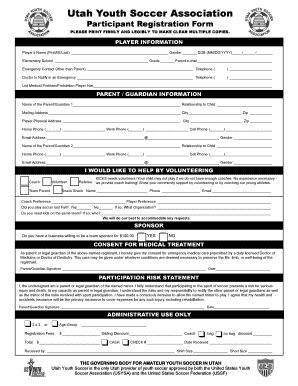 Utah Youth Soccer Association Participant Registration Form