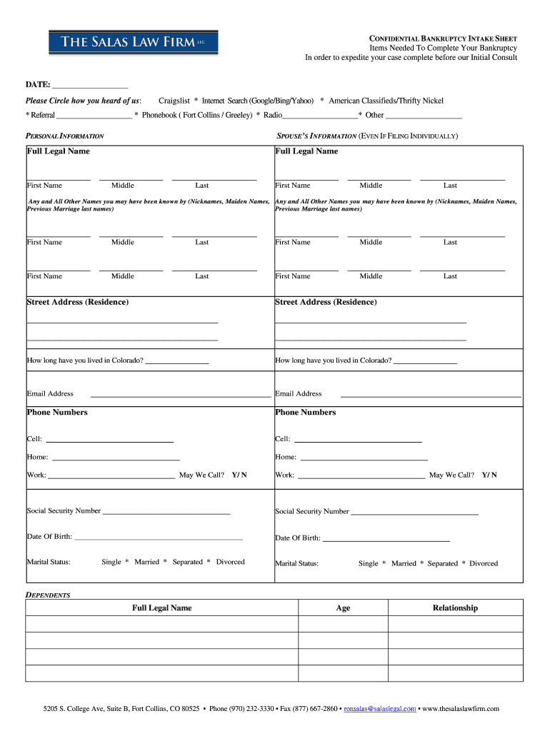 Bankruptcy Client Questionnaire - Salas Law Firm Preview on Page 1