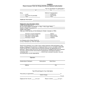 Church Parent Consent Form for Group Activity and Medical Authorization