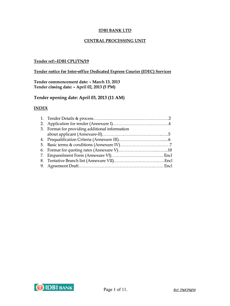 IDBI CPU TN 19 Tender Notice Preview on Page 1