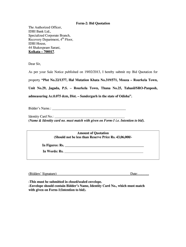 Bid Quotation Preview on Page 1