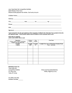 Tulsa State Fair Adult Division Entry Form