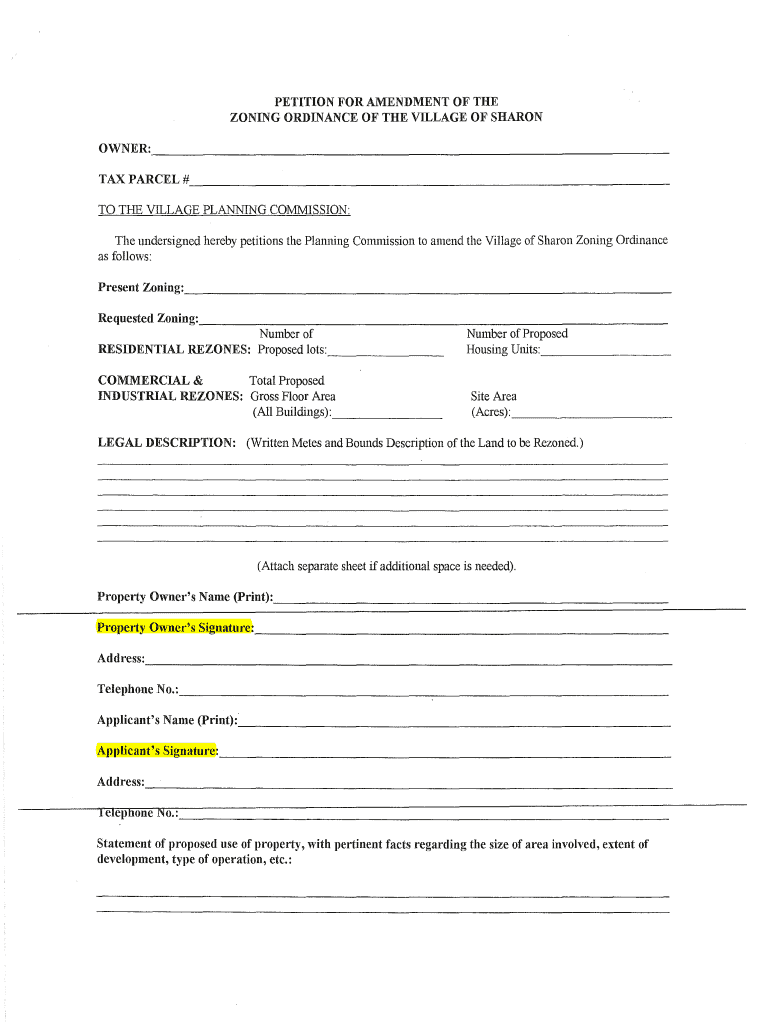 PETITION FOR AMENDMENT OF THE ZONING ORDINANCE OF THE VILLAGE OF SHARON Preview on Page 1