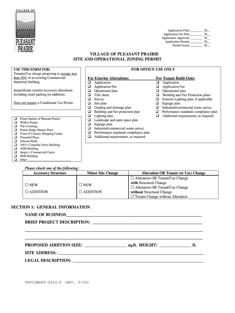 Fillable Online Village of pleasant prairie site and operational zoning