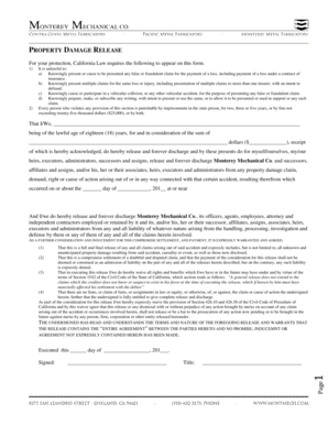 Damage agreement form - PROPERTY DAMAGE RELEASE - Monterey Mechanical