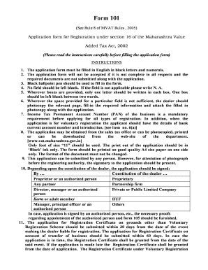 Form 101 Application for Registration under Maharashtra VAT Act